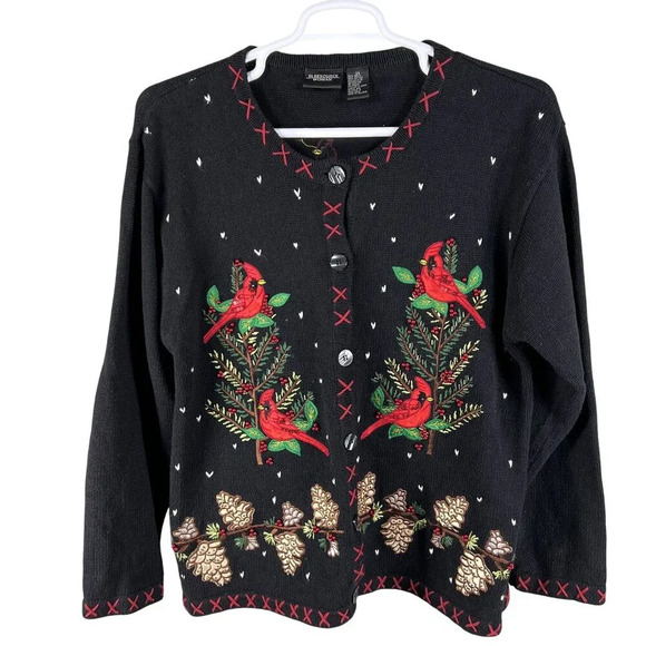 VTG In Resource Woman 2XL Black Cardinal Pinecone Embroidered Cardigan Sweater - Picture 4 of 16